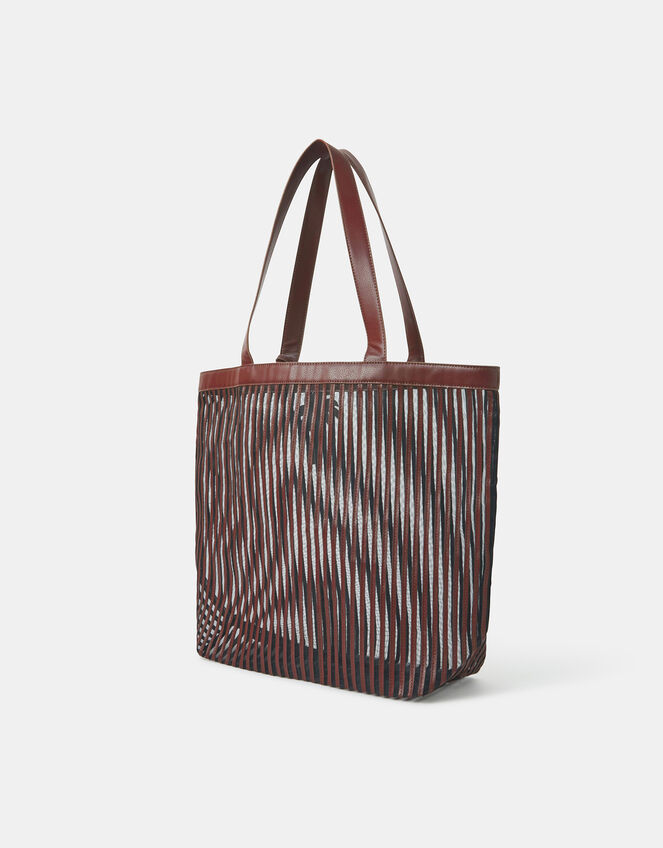 Mesh Stripe Shopper Bag, Brown (CHOCOLATE), large