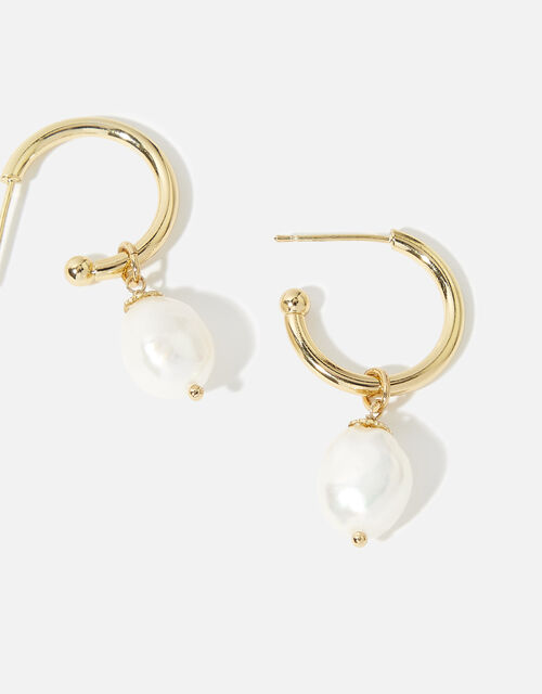 Gold-Plated Chunky Pearl Drop Hoops, , large