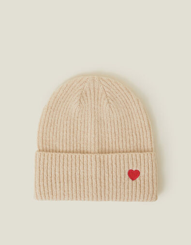 Embroidered Heart Beanie Hat, Natural (NATURAL), large