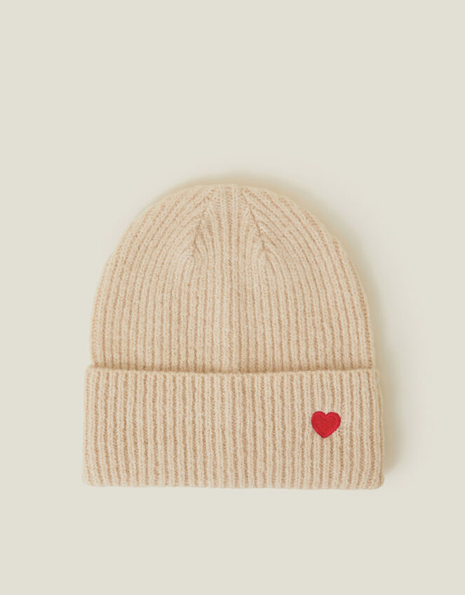 Embroidered Heart Beanie Hat, Natural (NATURAL), large