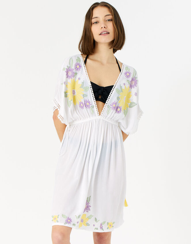 Sunflower Embroidered Kaftan, White (WHITE), large