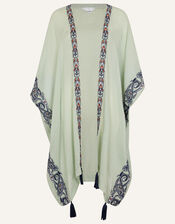 Shell Embroidered Tassel Trim Kimono, Green (MINT), large