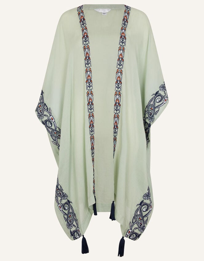 Shell Embroidered Tassel Trim Kimono, Green (MINT), large