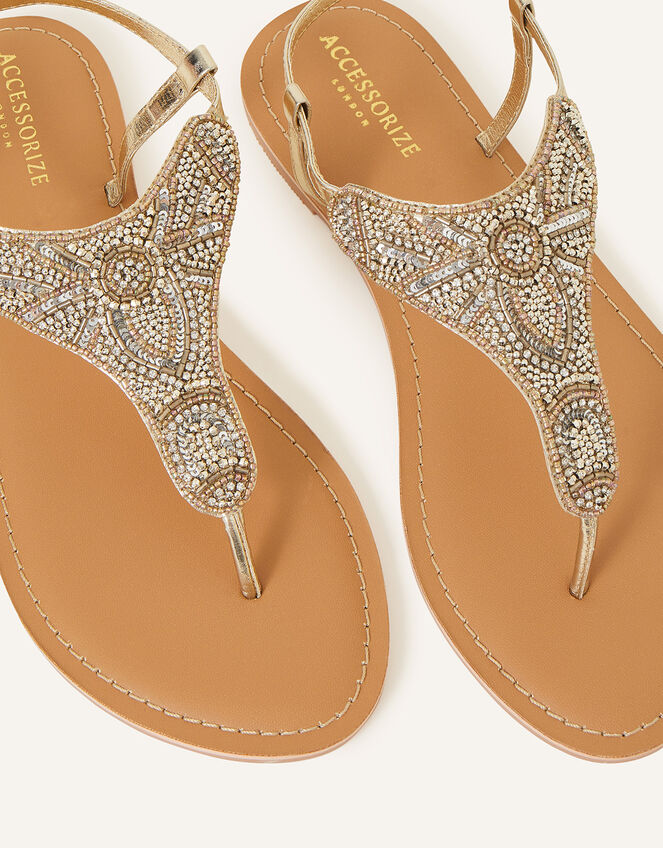 Flower Embellished Toe Post Sandals, Gold (GOLD), large