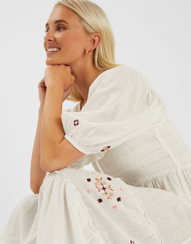 Embroidered Smocked Puff-Sleeve Maxi Dress, Ivory (IVORY), large
