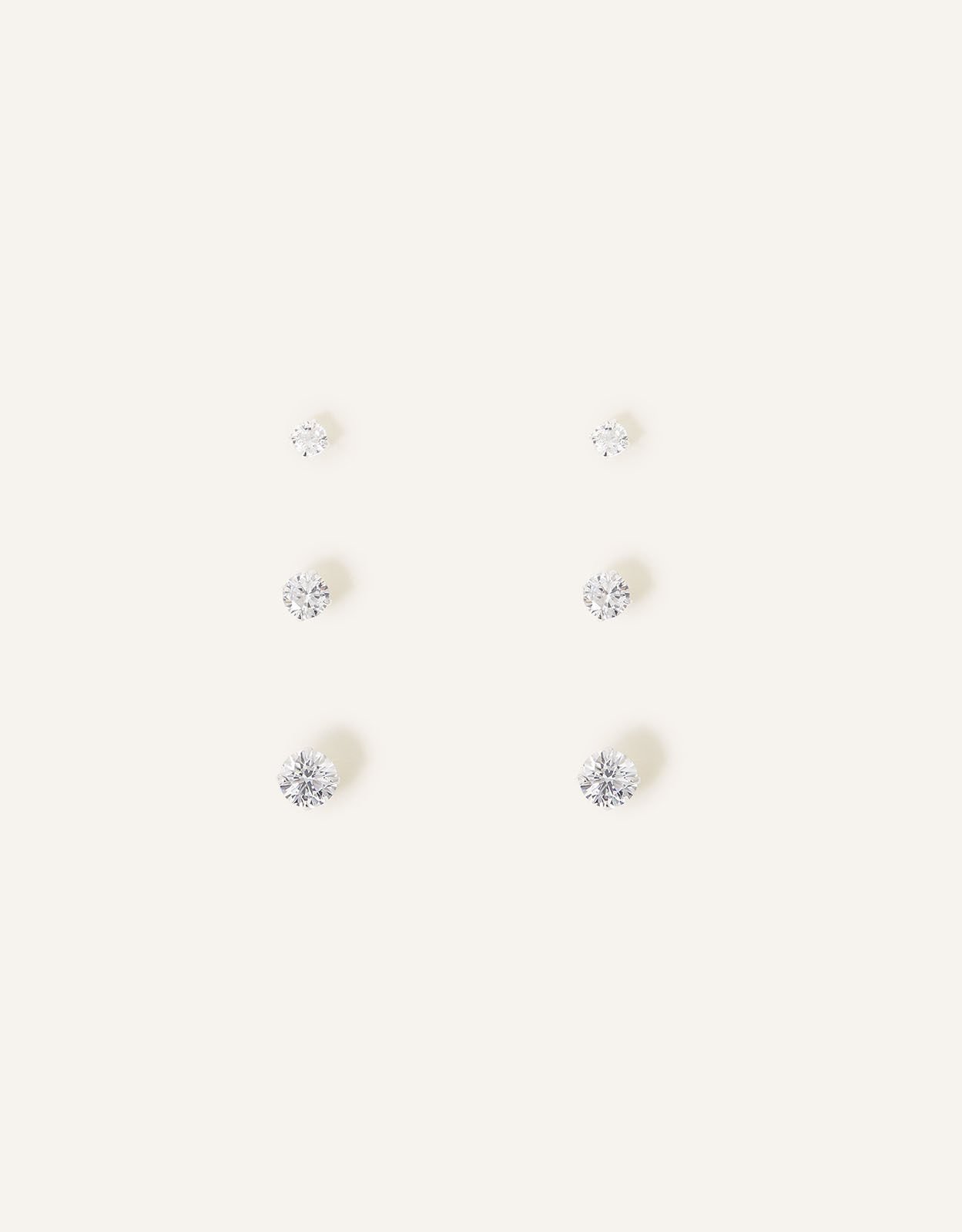 Sterling Silver Plain Crystal Stud Earrings Set of Three Silver