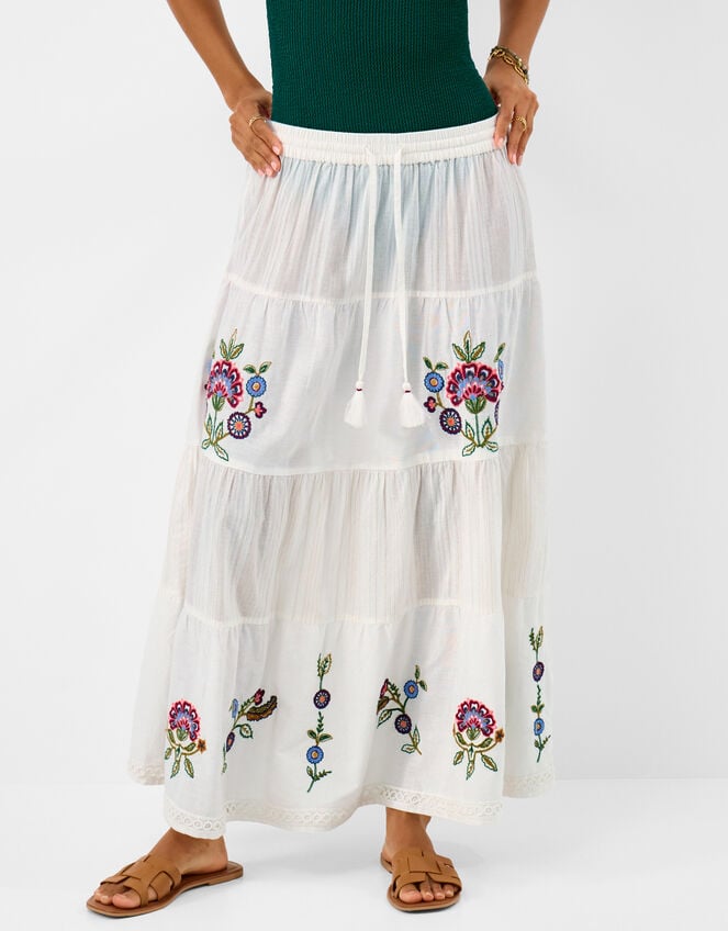 Floral Embroidered Tiered Maxi Skirt, Ivory (IVORY), large
