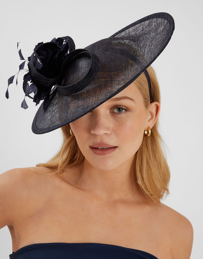 Large Disc Feather Corsage Fascinator, Blue (NAVY), large