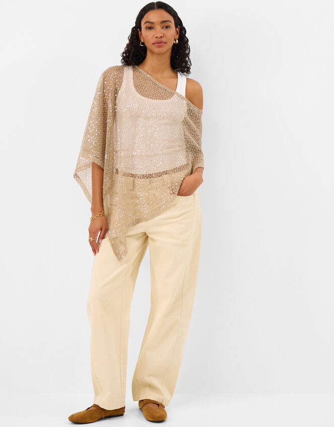 Sheer Sequin Poncho, Cream (CREAM), large