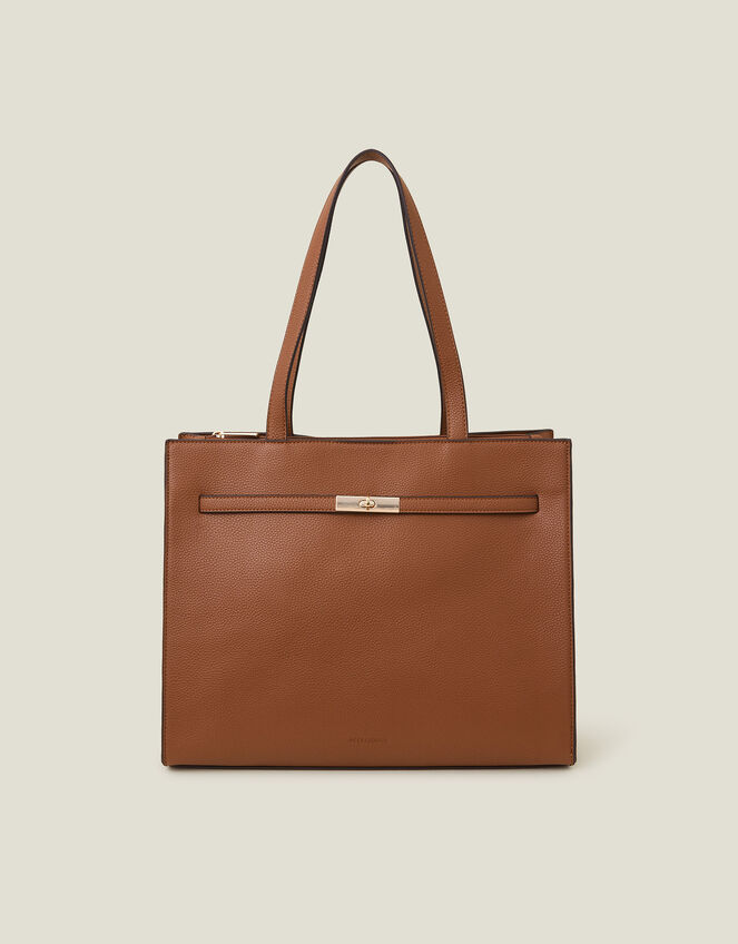 Metal Twist Lock Tote Bag, Tan (TAN), large