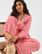Embroidered Gingham Long Pyjamas Set, Red (RED), large
