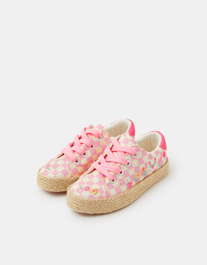 Girls Floral Checkerboard Espadrille Trainers, Pink (PINK), large
