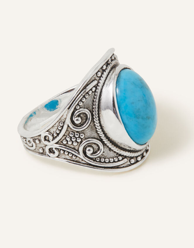 Sterling Silver Plated Oxidised Band Ring, Blue (TURQUOISE), large