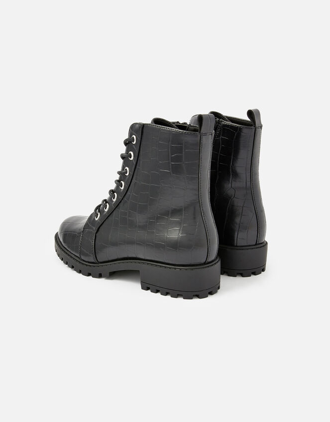 Croc Print Lace-Up Chunky Boots, Black (BLACK), large