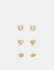 3-Pack 14ct Gold-Plated I Love U Stud Earrings, , large