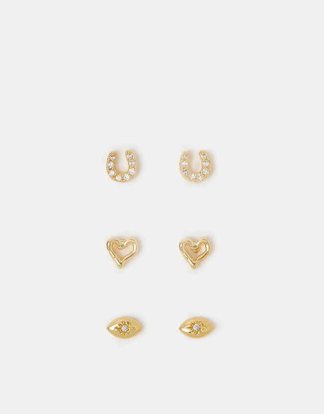 3-Pack 14ct Gold-Plated I Love U Stud Earrings, , large