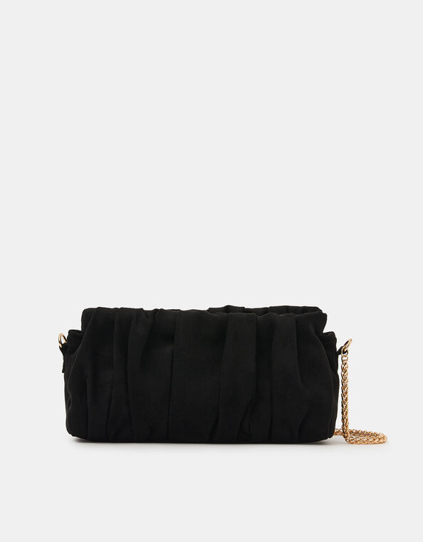 Ruched Faux Suede Clutch Bag, Black (BLACK), large