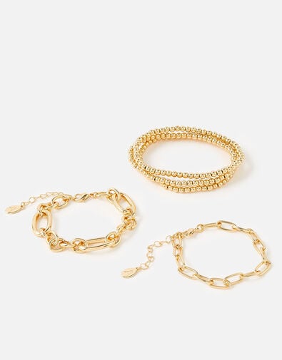 Chain and Stretch Beaded Bracelets 5 Pack, Gold (GOLD), large