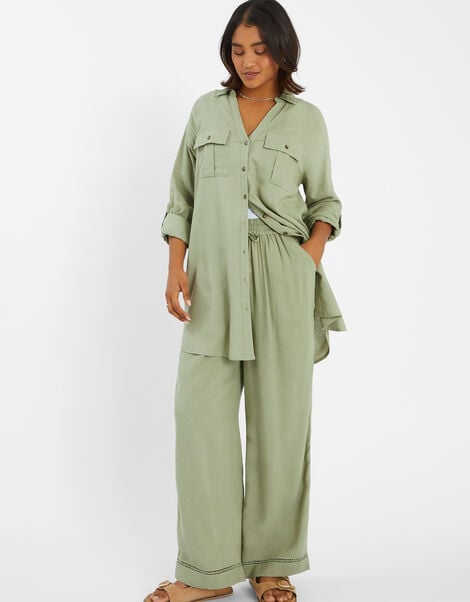 Wide Leg Beach Trousers, Green (KHAKI), large