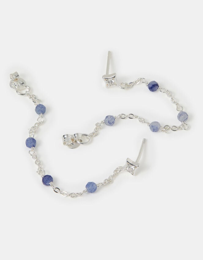 Sterling Silver-Plated Blue Quartz Chain Stud Earrings, , large