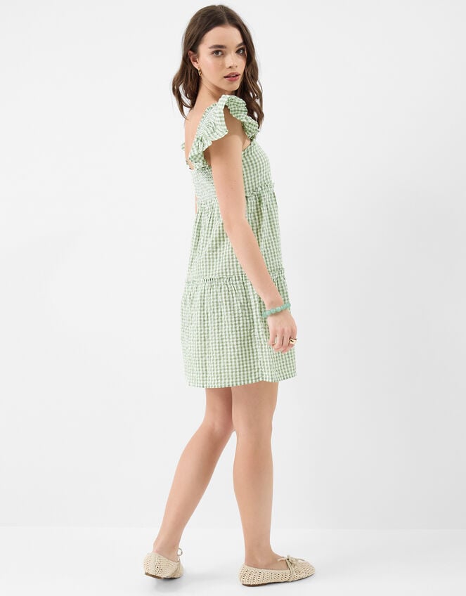 Gingham Print Frill Mini Dress, Green (KHAKI), large