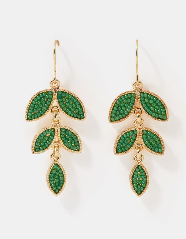 Beaded Leaf Drop Earrings, , large