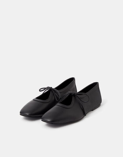 Tie Leather Ballet Flats, Black (BLACK), large