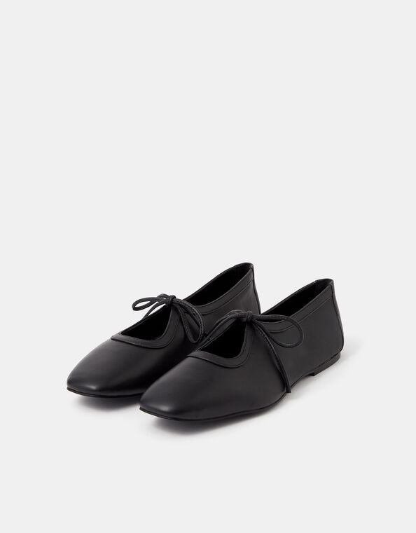 Tie Leather Ballet Flats, Black (BLACK), large