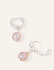 Sterling Silver Plated Pearl Huggie Hoops, , large