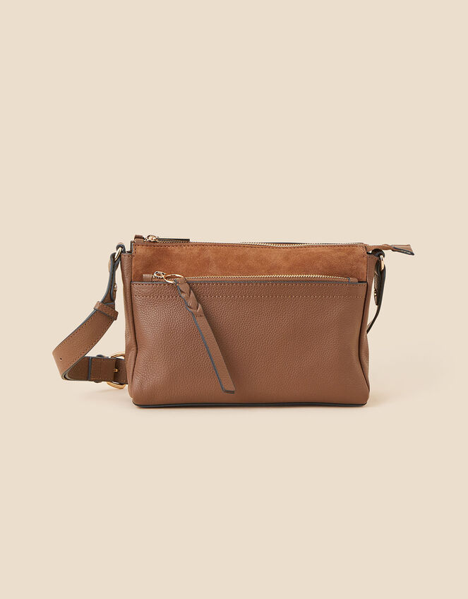 Leather Double Zip Cross-Body Bag, Tan (TAN), large