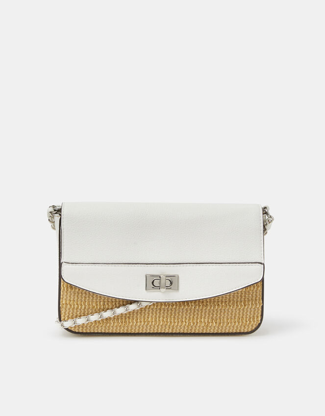 Twistlock Raffia Crossbody Bag, White (WHITE), large