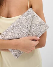 Floral Embellished Envelope Clutch Bag, Silver (SILVER), large