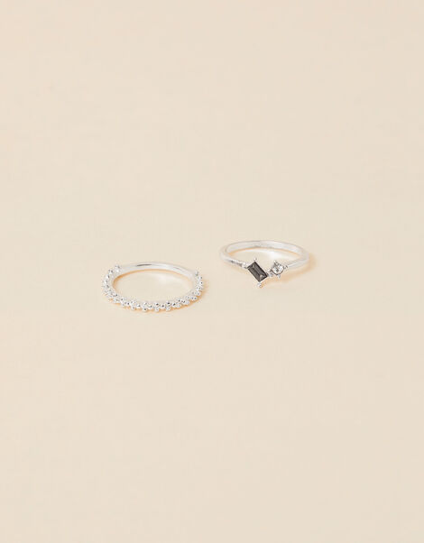 Sparkle Gem and Textured Ring Set of Two Silver, Silver (SILVER), large
