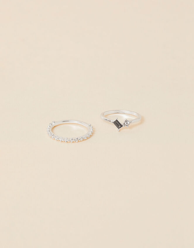 Sparkle Gem and Textured Ring Set of Two, Silver (SILVER), large