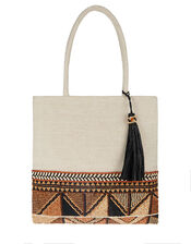 Woven Beaded Tote Bag with Tassel, , large