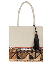Woven Beaded Tote Bag with Tassel, , large