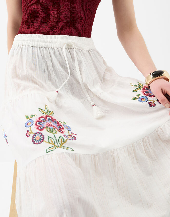 Floral Embroidered Tiered Maxi Skirt, Ivory (IVORY), large
