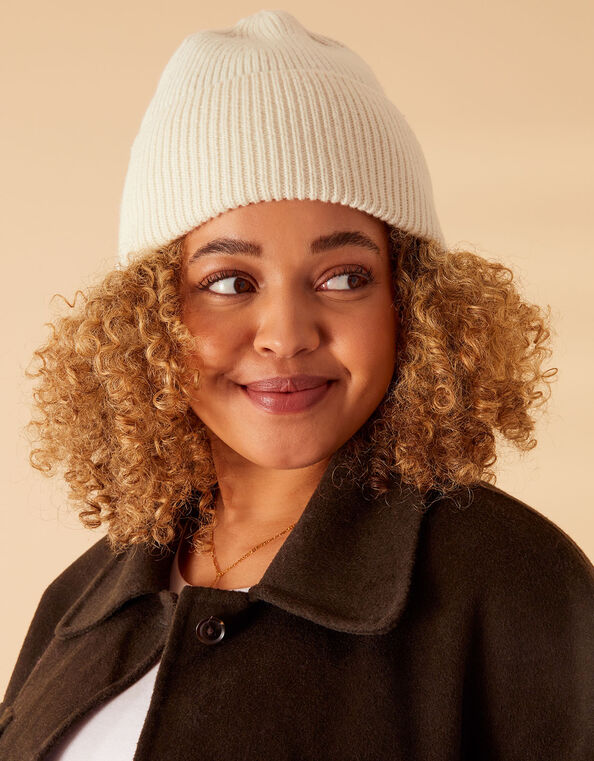 Wide Turn-Up Beanie in Wool Blend, Ivory (IVORY), large