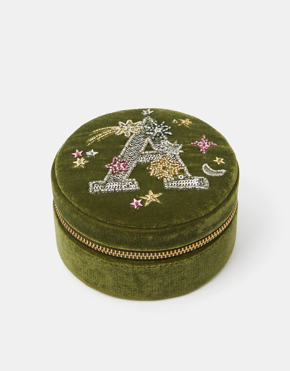 Round Initial Velvet Jewellery Box, Green (OLIVE), large