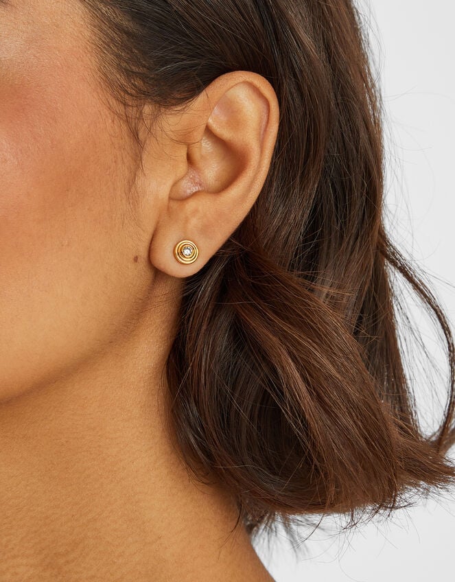 14ct Gold-Plated Diamanté Disc Stud Earrings, , large