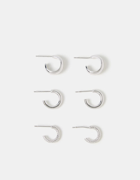 3-Pack Sterling Silver-Plated Mini Hoop Earrings, , large