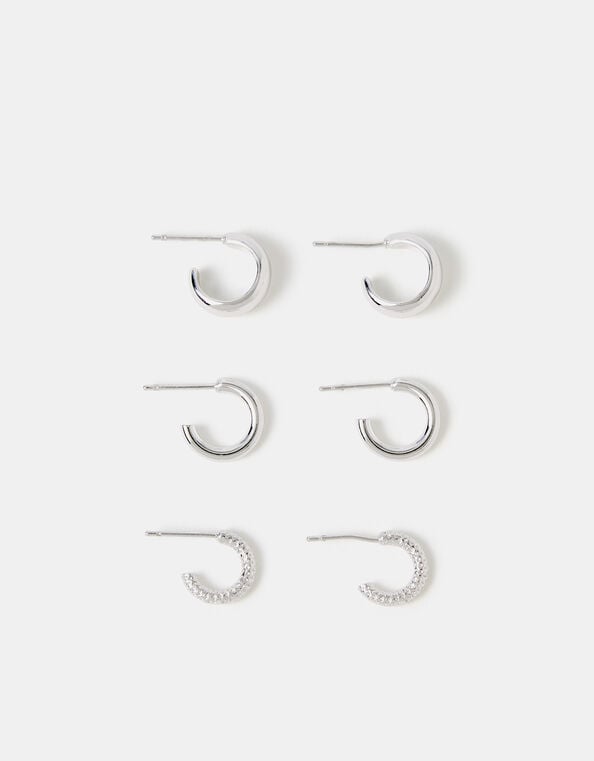 3-Pack Sterling Silver-Plated Mini Hoop Earrings, , large