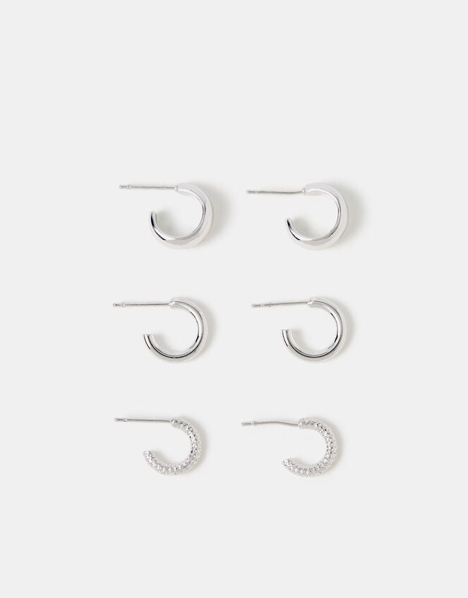 3-Pack Sterling Silver-Plated Mini Hoop Earrings, , large