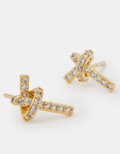 14ct Gold-Plated Diamanté Knot Stud Earrings, , large