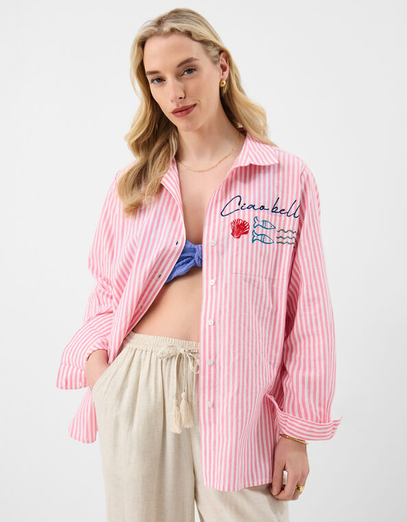 Ciao Bella Embroidered Stripe Shirt, Pink (PINK), large
