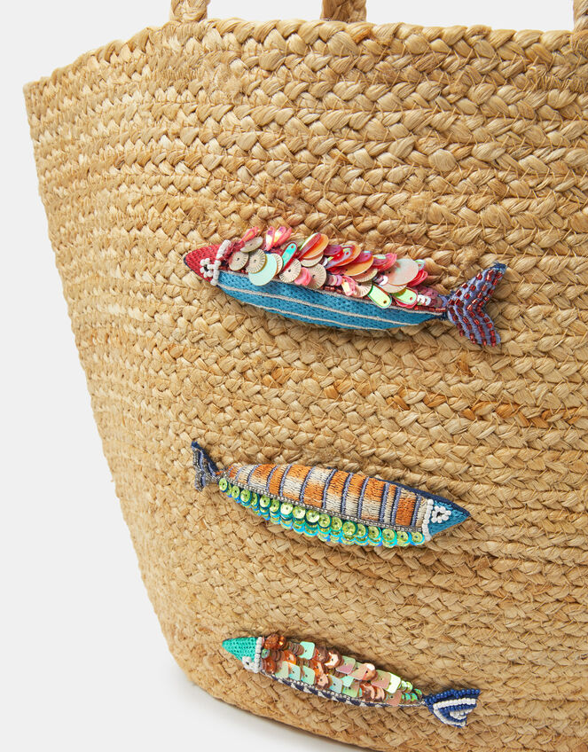 Beaded Fish Woven Basket Bag, , large