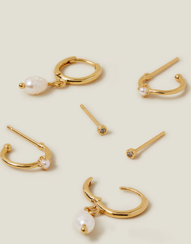 3-Pack 14ct Gold-Plated Pearl and Stud Hoop Earrings, , large