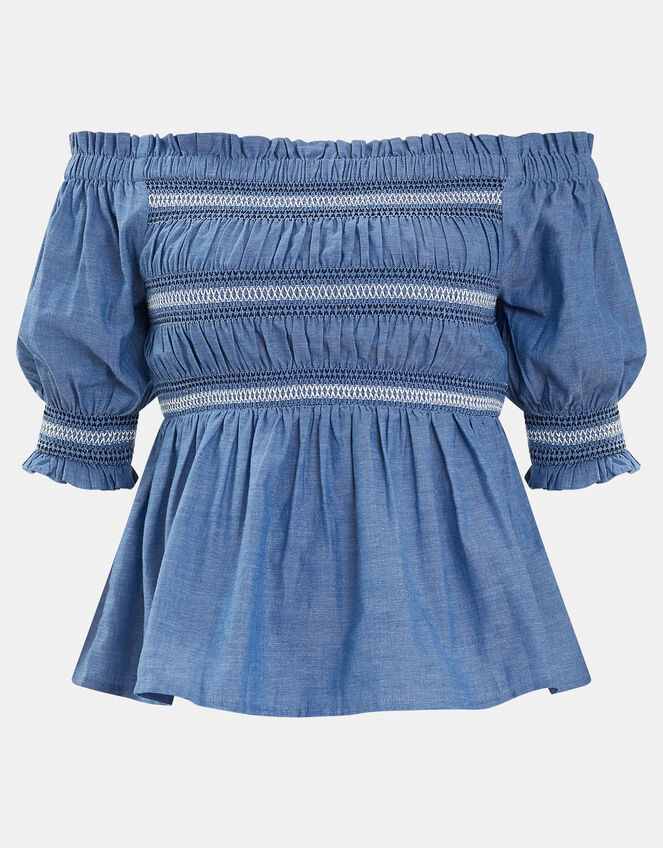Off-The-Shoulder Smocked Top, Blue (BLUE), large