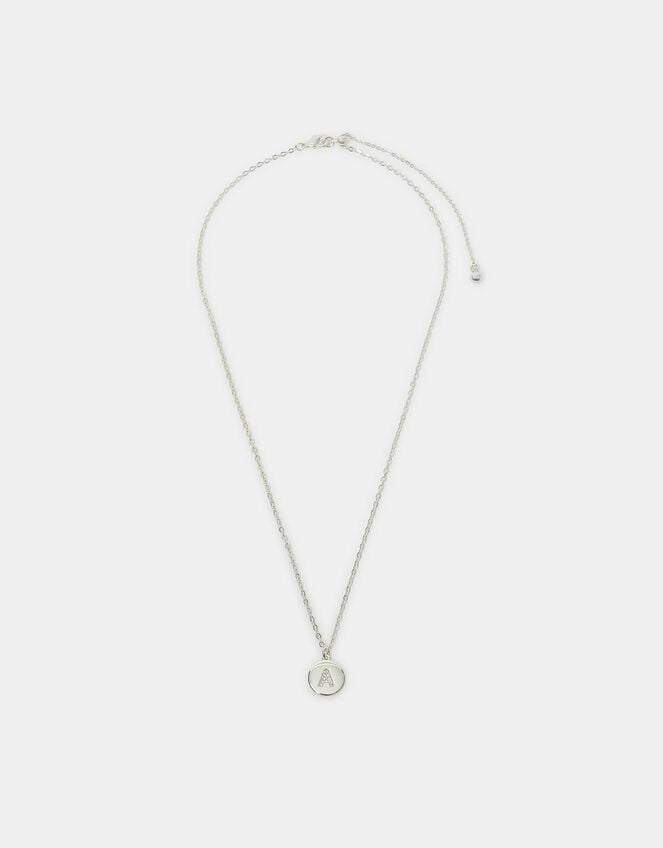 Sterling Silver-Plated Diamante Initial Round Pendant Necklace, Silver (ST SILVER), large