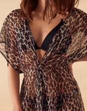 Leopard Print Chiffon Maxi Kaftan in Recycled Polyester, Brown (BROWN), large